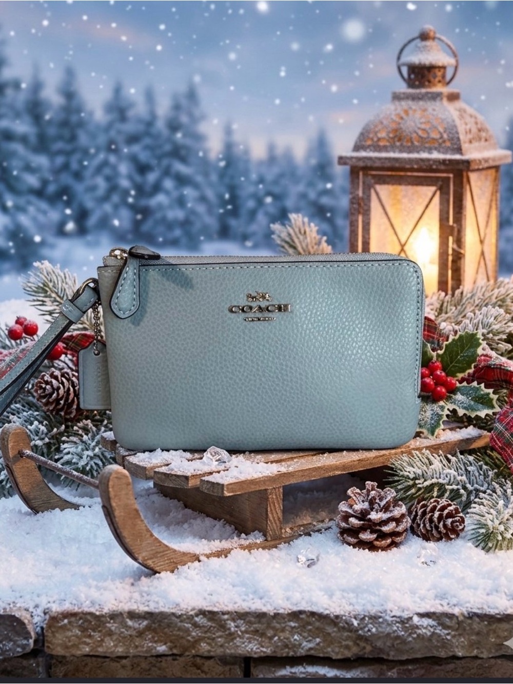 Coach Double Zip Pebbled Leather Wristlet